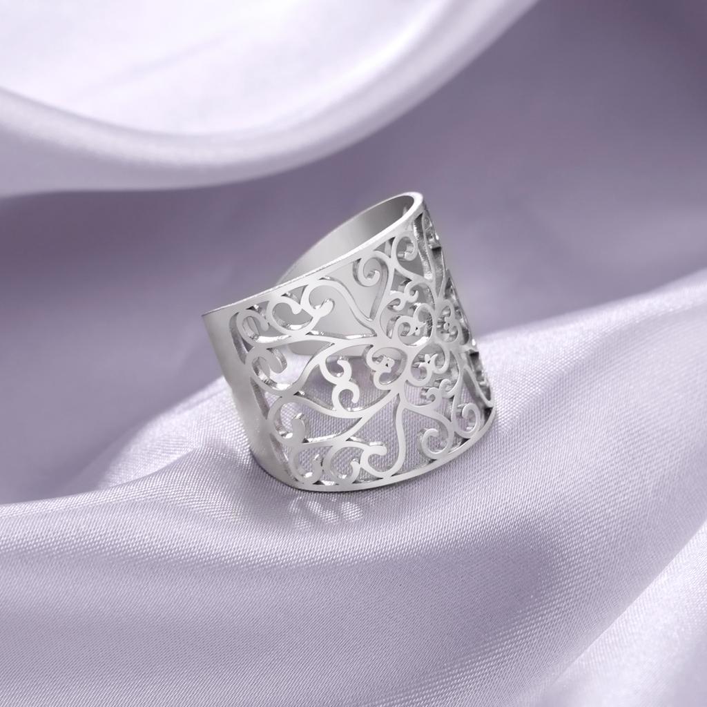 Vintage Filigree Flower Ring Women Open Adjustable Stainless Steel Aesthetic Rings Jewelry Wedding Engagement Gift
