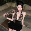 Velvet Leopard Patchwork Halter Mini Dress - Sexy, Slimming, Backless Design