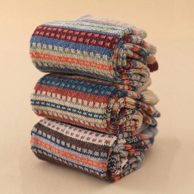 5 Pairs Women's Striped Pattern Thermal Thick Crew Socks