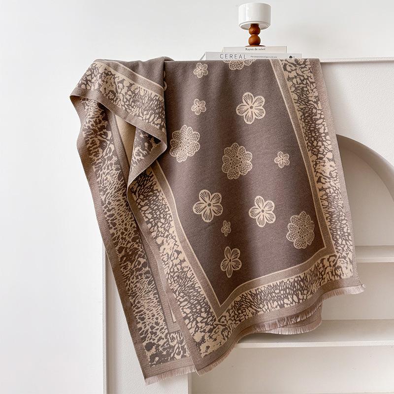 imitation cashmere mesh flower plaid retro texture printing double-sided warm scarf shawl outside