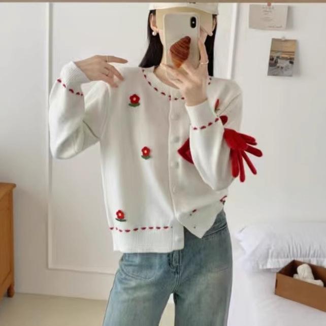 

Spring and Autumn Women s High-end Sweet Flower Sweater Jacket Crew Neck Fashion Foreign Gentle Wind Knitted Top Average size 57-2741 білий