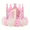 1PC 1, 2, 3, 4, 5 Birthday Hat, Pink and White Flowers and Pink Sequined Felt Birthday Party Crown Hat