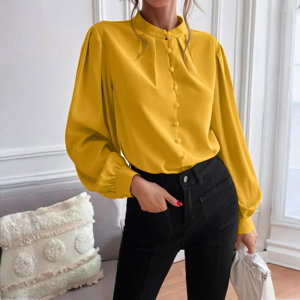 Ladies Elegant Solid Color Lapel Long Sleeve Single Breasted Loose Top