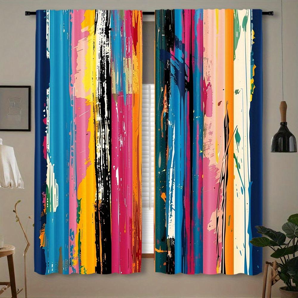 

Set Of 2 Modern Colorful Stripe Printed Curtains Semi Polyester Window Drapes Bedroom Living Room Study Ma Curtain With Rod Pocket Sheer Perfect For W100*H70(CM)-Rod Pocket&1PCS