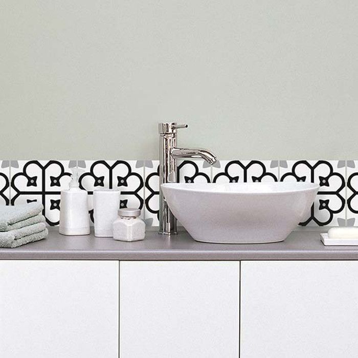 Sticker adhésif - Noname - Motif floral noir et blanc - Vinyle - 15x15 cm - Salle de bain