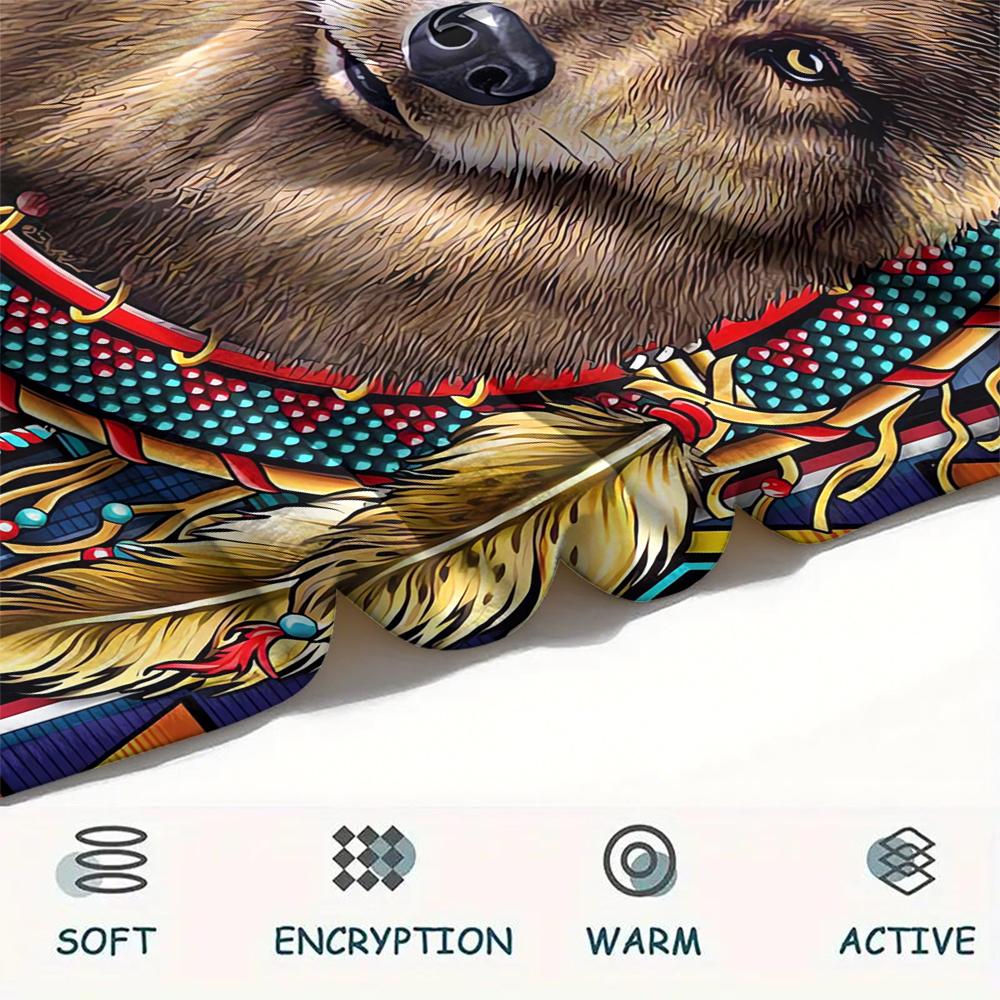 1Pc Natvie Wolf Print Flannel Blanket, High quality Comfortable for All Seasons, Home Decor, Warmth and Comfort, Perfect for Christmas Gifts