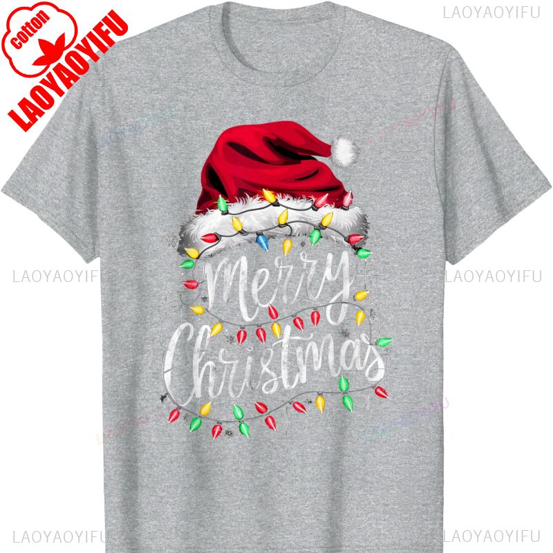 Red Santa Lights Design Christmas Cotton Tshirt for Men and Women Crew Neck Short Sleeve  All Seasons Casual Fashion Soft Ideal