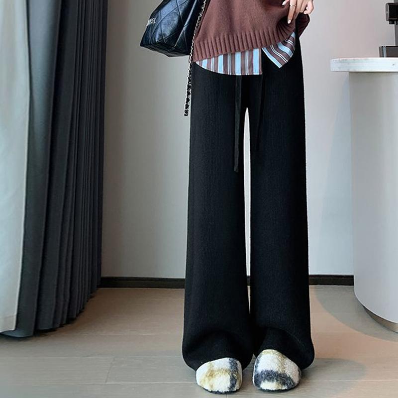 

Вязаные широкие брюки, женские брюки с завышенной талией, зимние свободные повседневные брюки прямого кроя, драпирующиеся и тянущиеся в пол брюки. One Size чёрный
