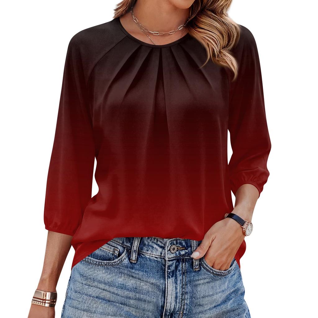 Women's Gradient Print 3/4 Sleeve Round Neck Pleated T-Shirt Top Casual Loose Fit Lightweight Blouse