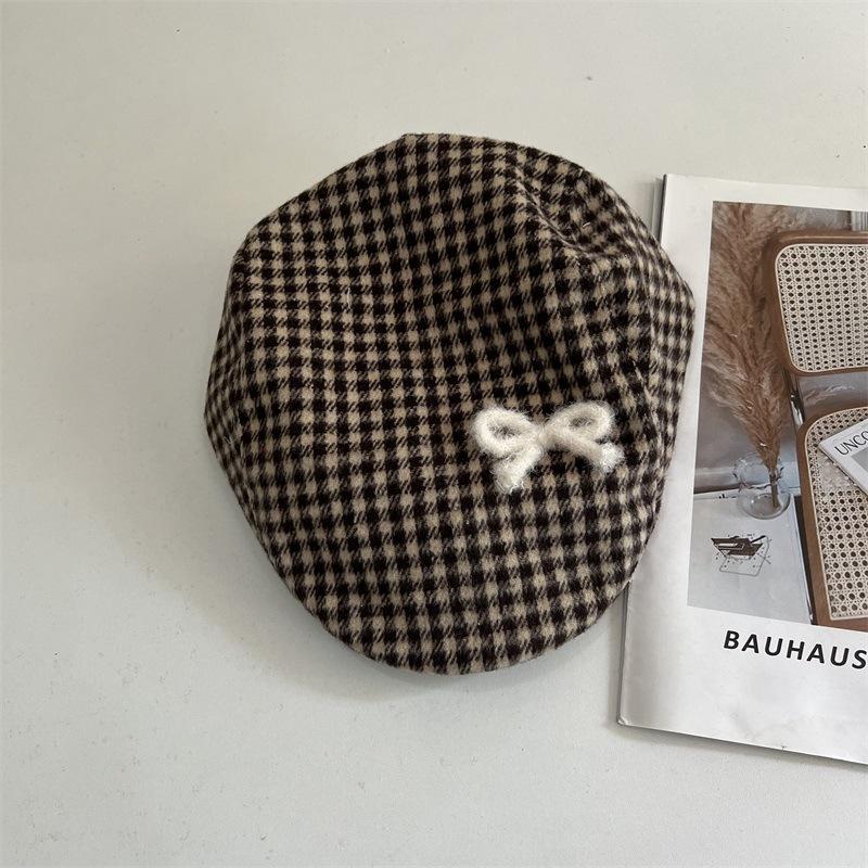 

Клетчатый берет-облако с бантом, осенне-зимний, для женщин с маленьким лицом, повседневный, универсальный, литературный берет художника M（56-58cm）