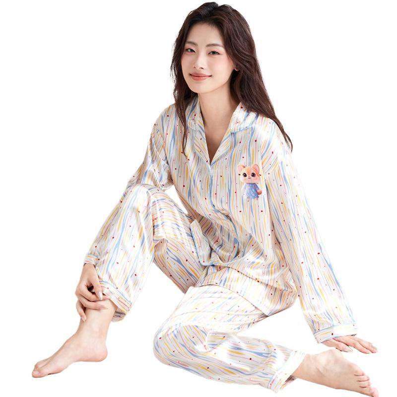 Rainbow Striped Pajamas Women'S Ins Wind Sweet Little Squirrel Ice Silk Thin High-End Loungewear Autumn Suit