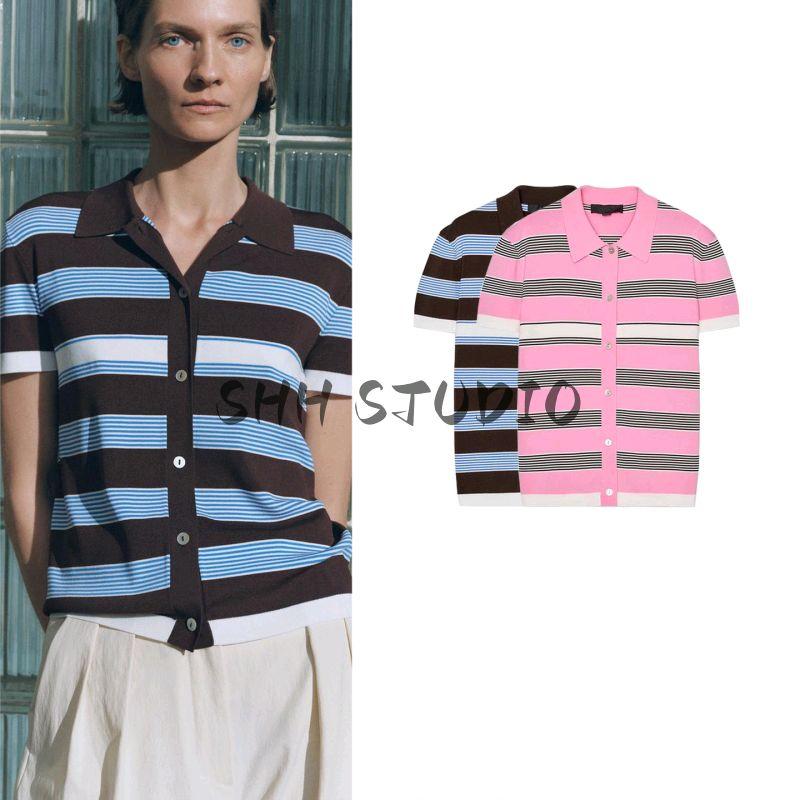 Summer New Product Women's Clothes French Style Preppy Style Short Stripe Knitting Short Sleeve Polo Shirt Collar Top 3920203