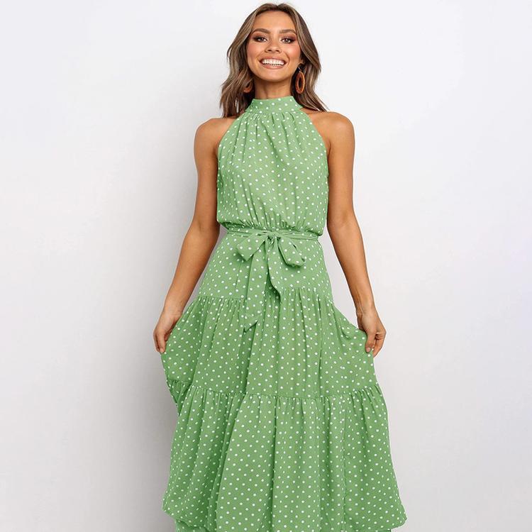 Women Solid Dot Long Dresses 2025 Summer Sexy Halter Strapless Lace Up Dress Female Boho Beach Holiday Maxi Dresses Casual Robe