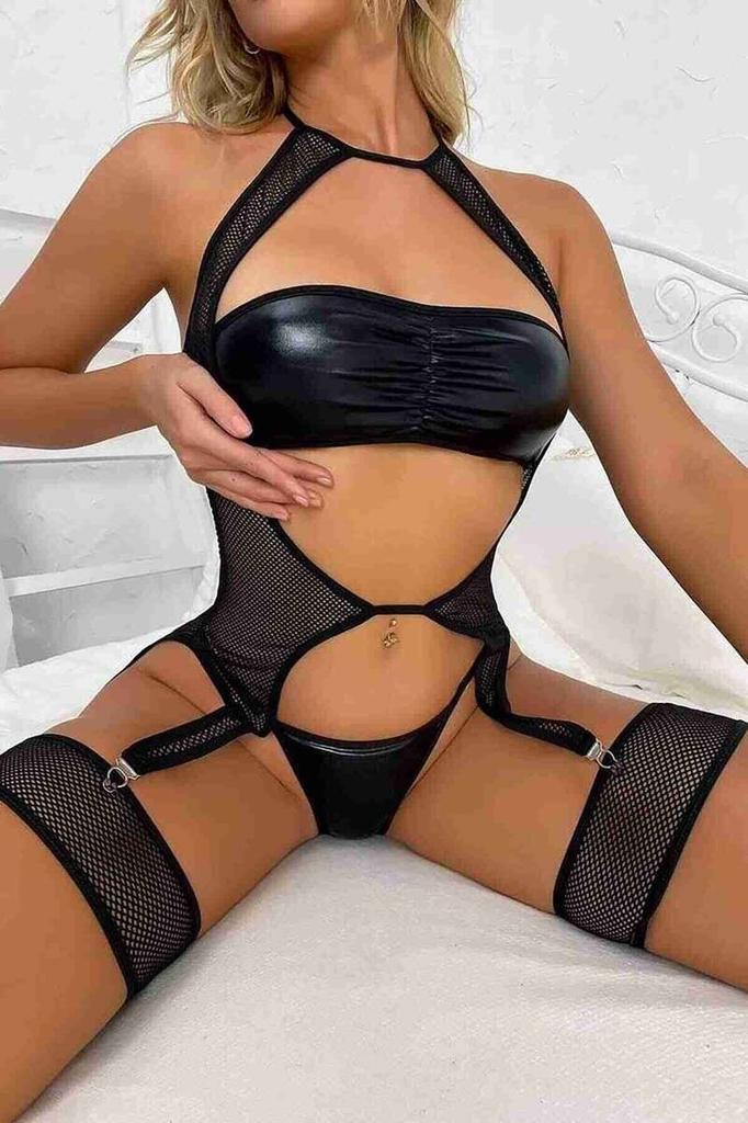 Merry See Leather Look Gartered Fantasy Underwear Black