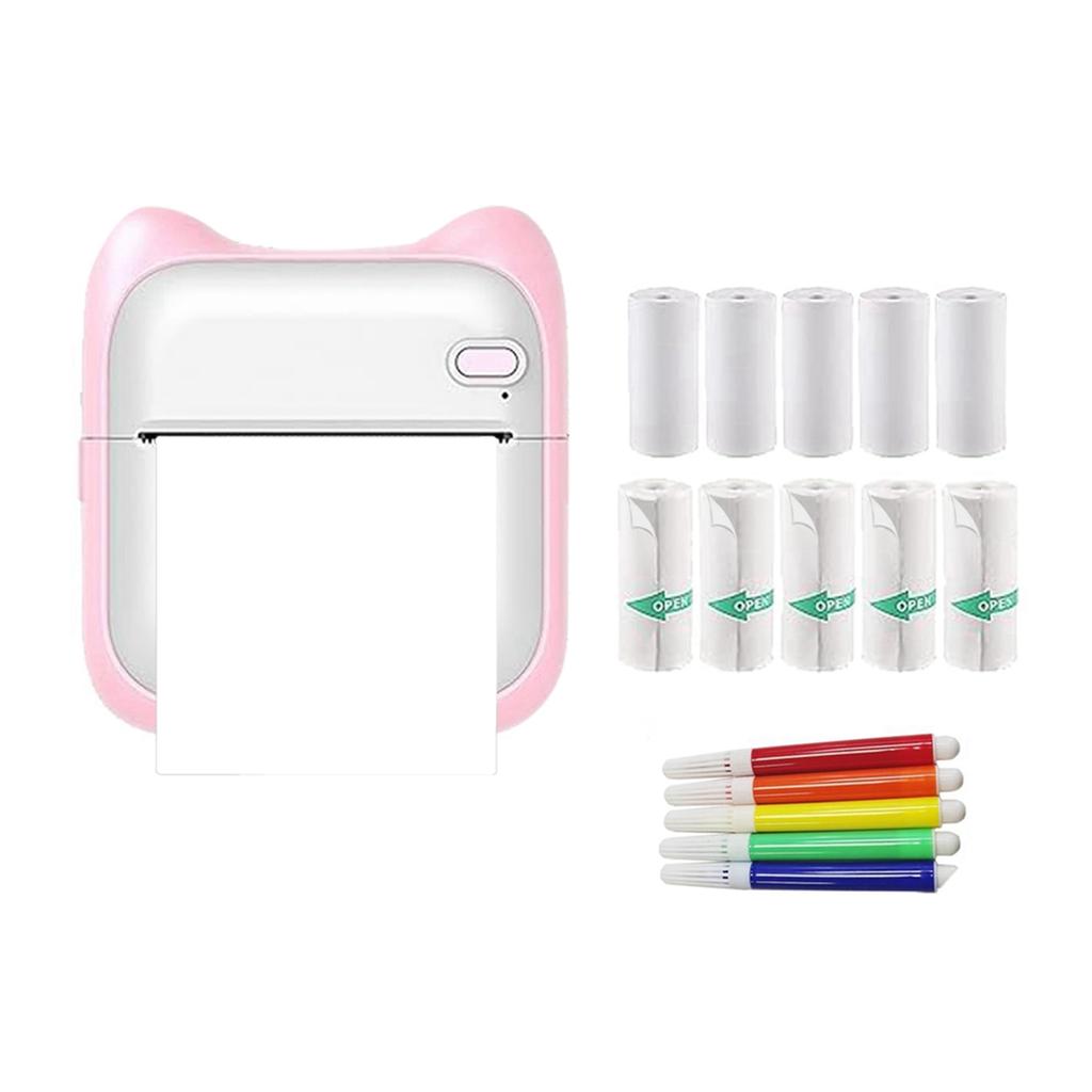 A608P Mini Printer Sticker Maker, Portable Thermal Sticker Printer, Mini Inkless Printer with 10 Roll Paper and 5 Color Pens