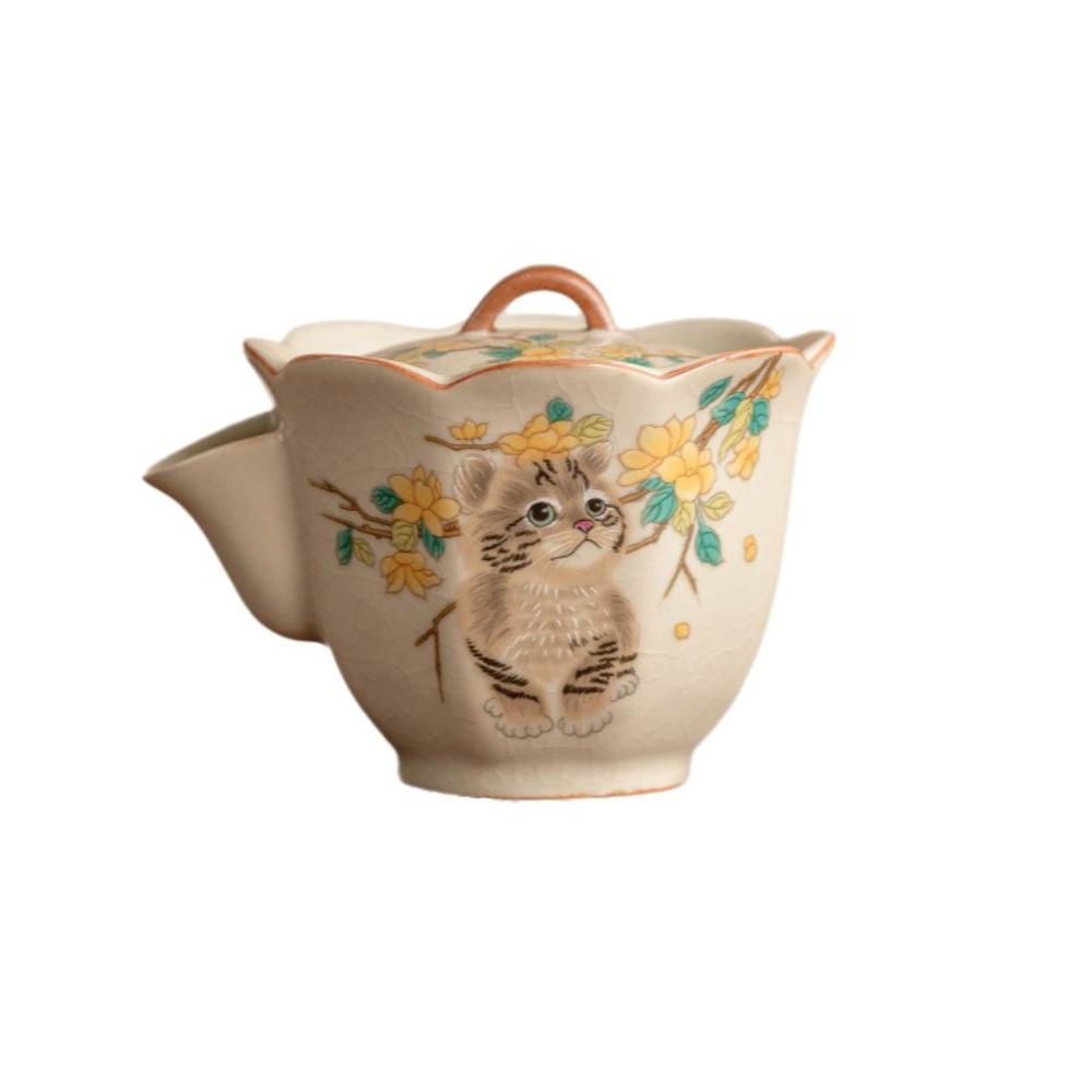 Ceramic Ru Kiln Gaiwan Chinese Style Hand Grasping Tea Maker Cute Cat Tea Tureen  Tea Ceremony