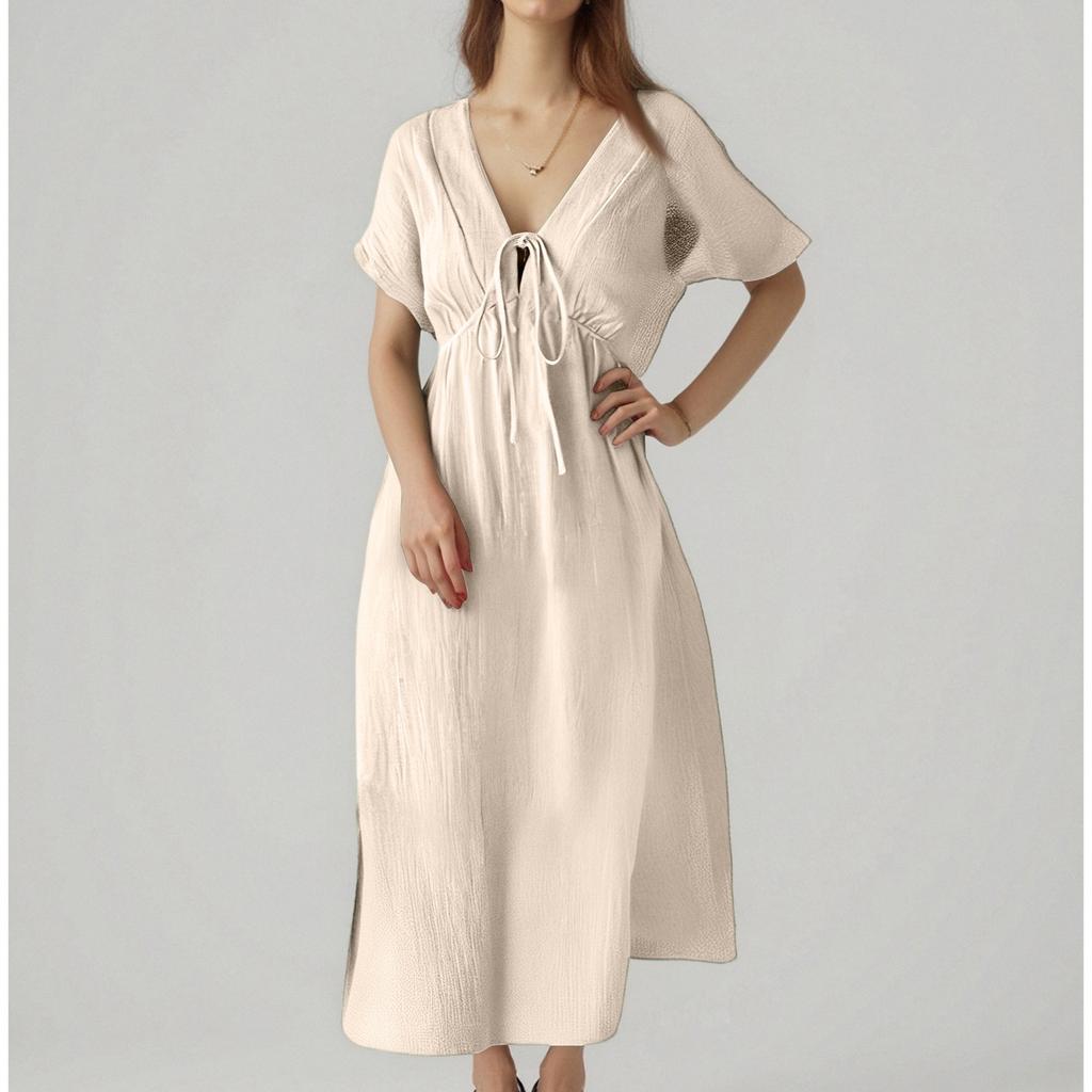 Dámské volné ležérní šaty s výstřihem do V, krátkým rukávem, pohodlné, jednobarevné, s elastickým pasem