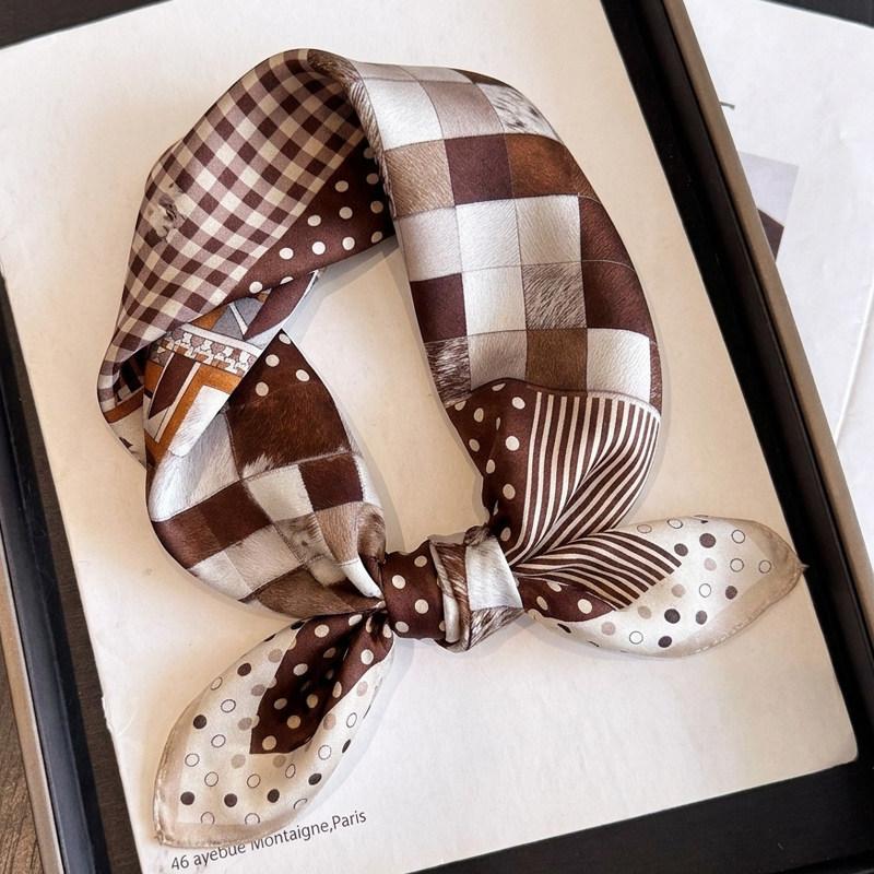 British style spring autumn winter men's and women's silk small square scarf plaid brown small silk scarf mulberry silk scarf