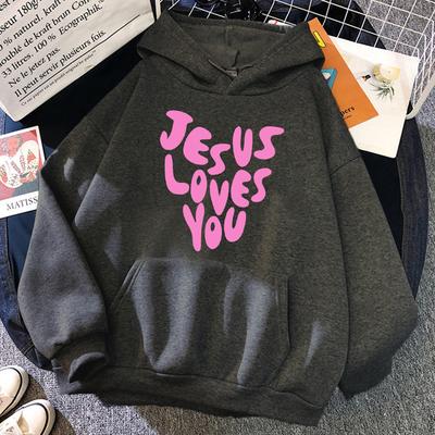 Ježíš mě miluje Dopis Vtipné potisky Mikiny Dámské Podzimní Teplá mikina Fleece Všestranné oblečení Kapsa Oversized mikina s kapucí