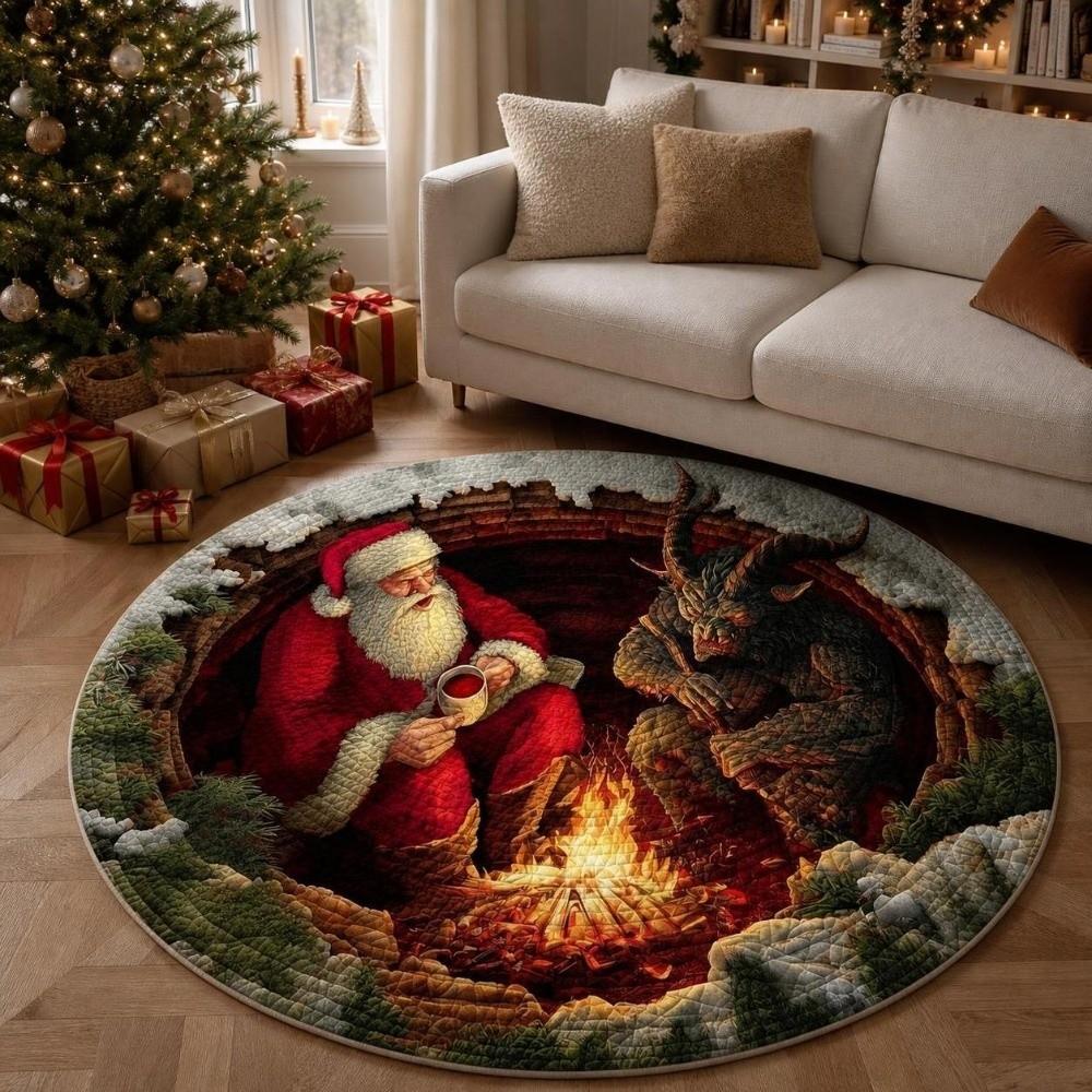 2D Flat Printed Christmas Rug Santa Claus Xmas Home Decor Round Vortex Carpet Christmas
