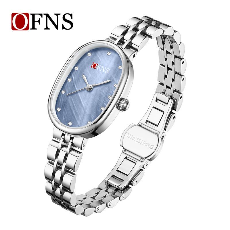 Fashion Ofns Women's Fashion Luxury Pearl Mother Of Dial Diamond Dot Oval Quartz Waterproof Light Dress Watch For Girlfriend Gif