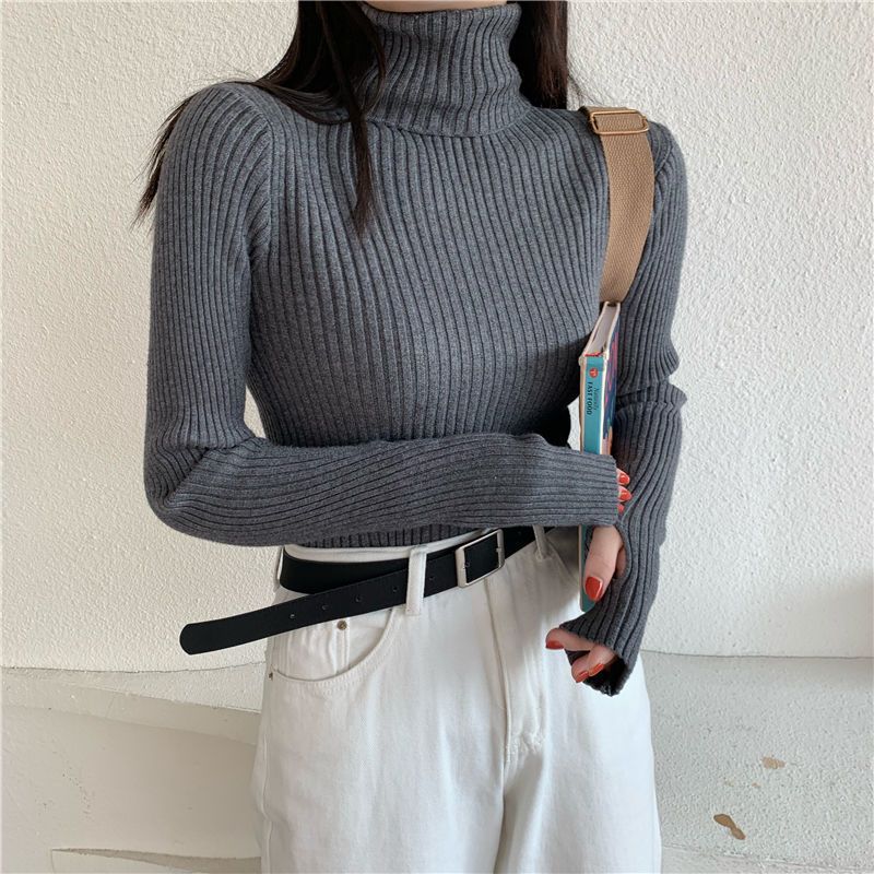 

Свитер с открытыми пальцами, женский облегающий джемпер с высоким воротом, зимний термос с длинными рукавами, мягкий трикотажный топ, универсальный, модный S серый