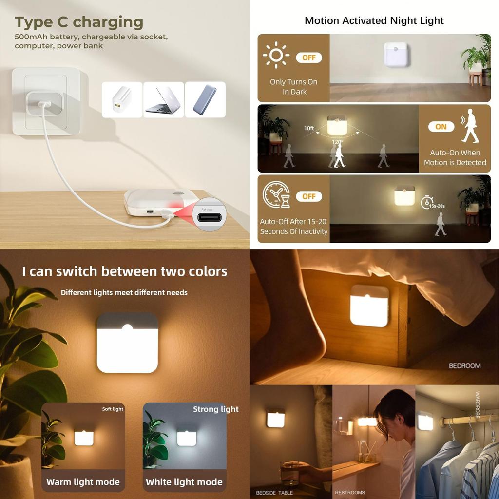 Typec Rechargeable Night Light With Infrared Sensing And Smart Control For Bedside Use