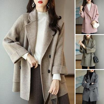 Women Winter Woolen Coat Formal Business Style Turn-down Collar Double-breasted Mid Length Overcoat OL