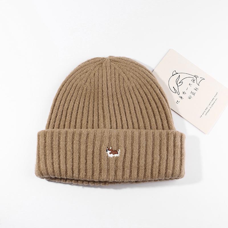 Autumn and Winter Hat Women Cartoon Puppy Embroidered Knitted Hat Student Warm Ear Protection Wool Hat Outdoor Jacket Cold Hat Man