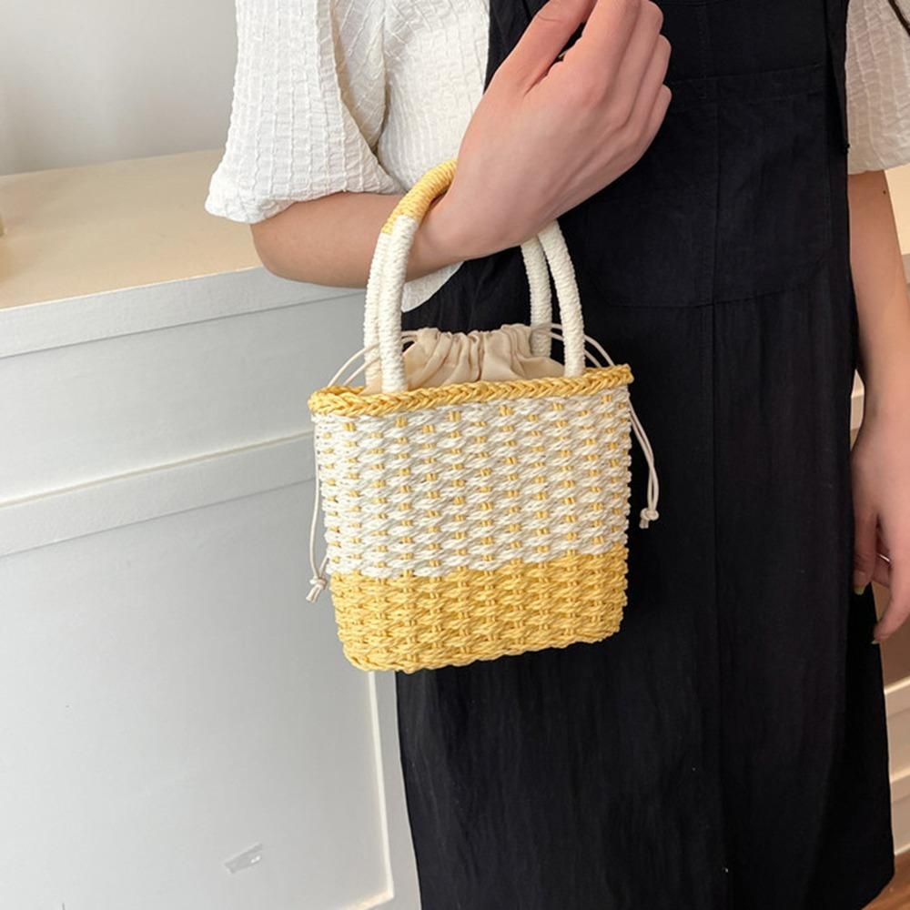 Large Capacity Weave Straw Bag Colorful Patchwork Striped Handbag Simple Beach Bag  Woman Girls