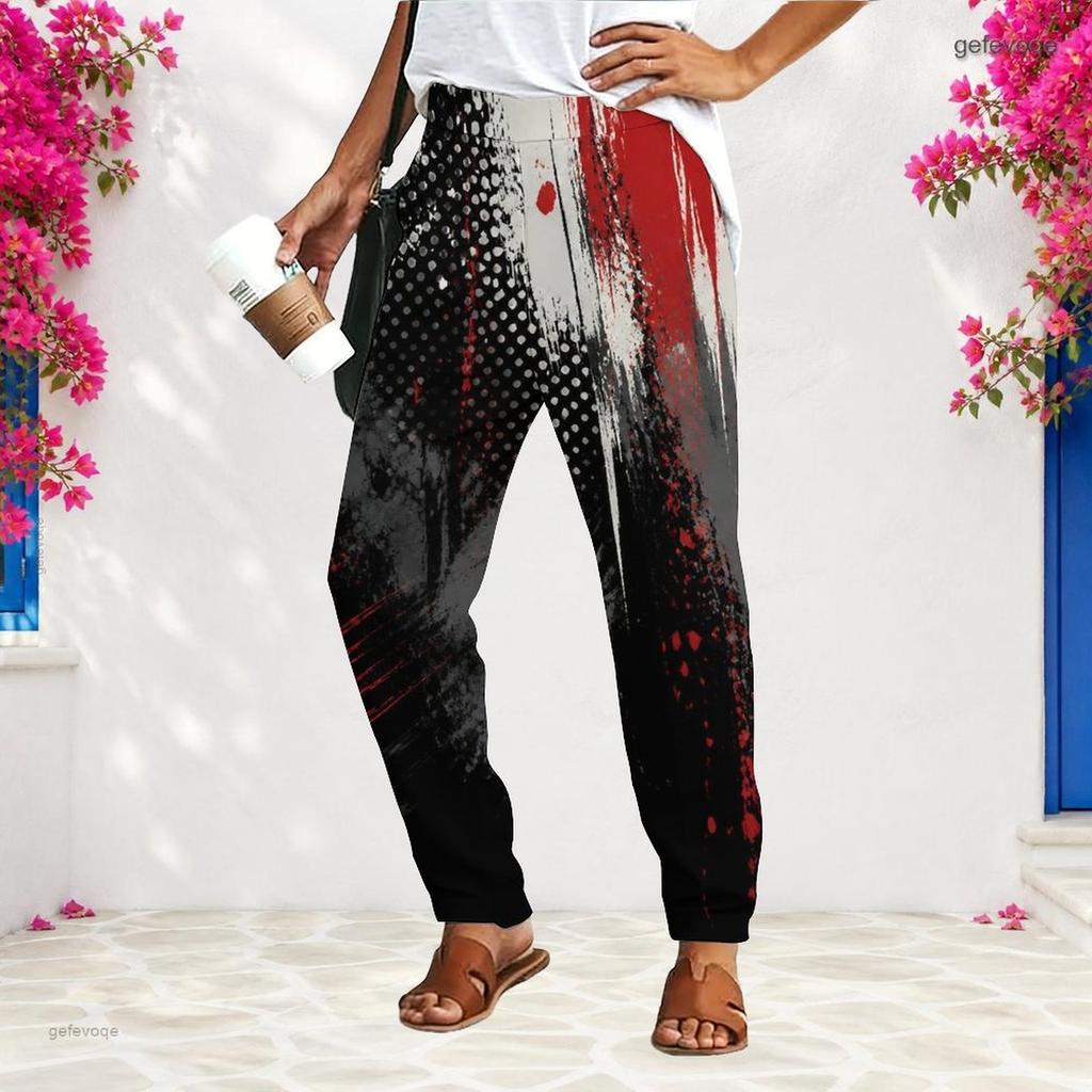 Women S Plus Size Loose Fit Printed Long Pants Black Pink Gradient With Pockets