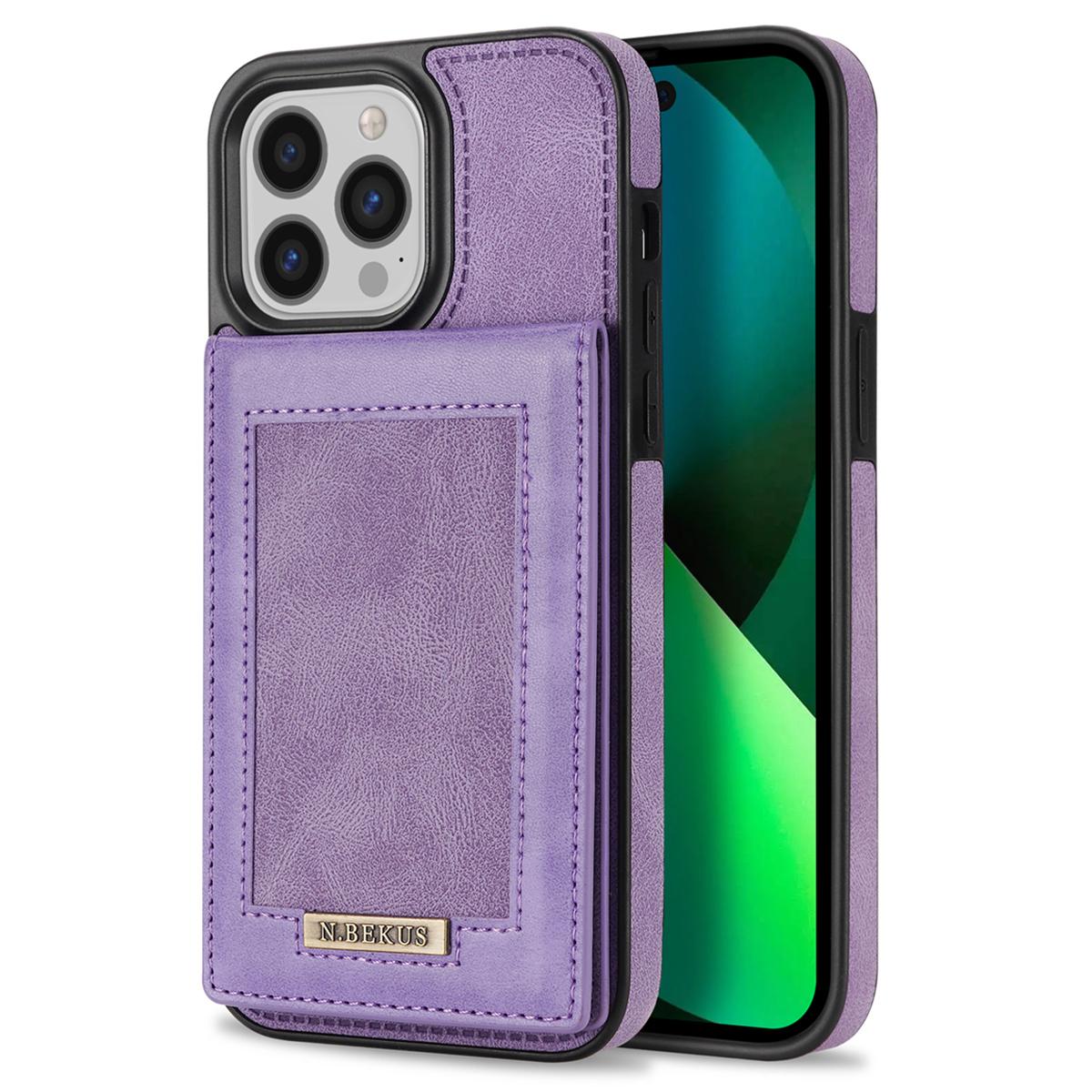 

N.BEKUS For iPhone 16 Pro Kickstand Case RFID Blocking Leather+TPU Phone Cover with Card Slots Purple