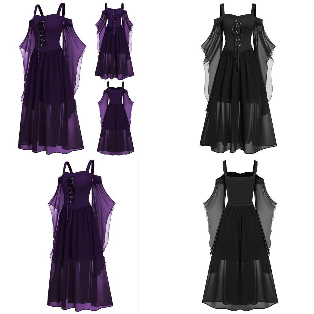 Halloween Witch Dress Gothic Medieval Cosplay Costume Off Shoulder High Quality Polyester Fabric