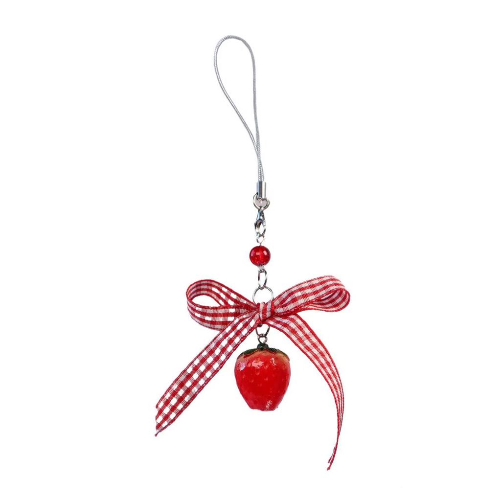 Sweet Strawberry Cube Bowknot Charm Pendant Chain Phone Strap Pocket Keychain Strap Hanging Decoration for Keys Bag