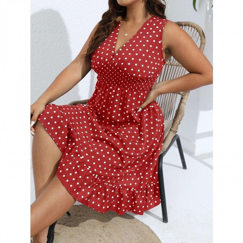 New European and American style large size polka dot dress V-neck sleeveless waist thin summer fashion dress