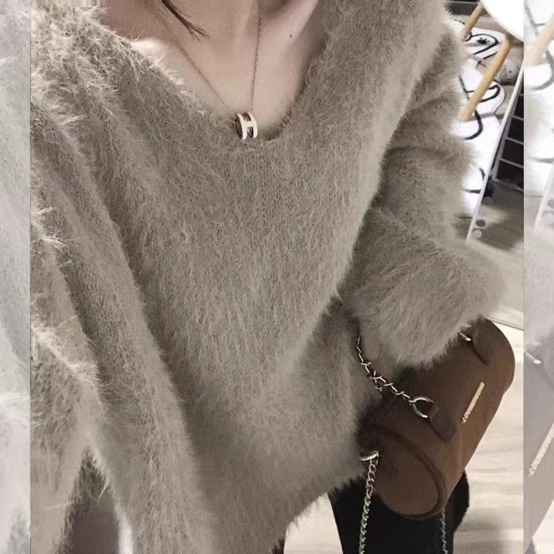 2026 Womens Soft Fuzzy V-Neck Oversized Knit Sweater Long Sleeve Casual Winter Top