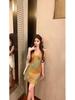 Retro Vacation Spaghetti Strap Deep V-Neck Color Block Slimming Dress