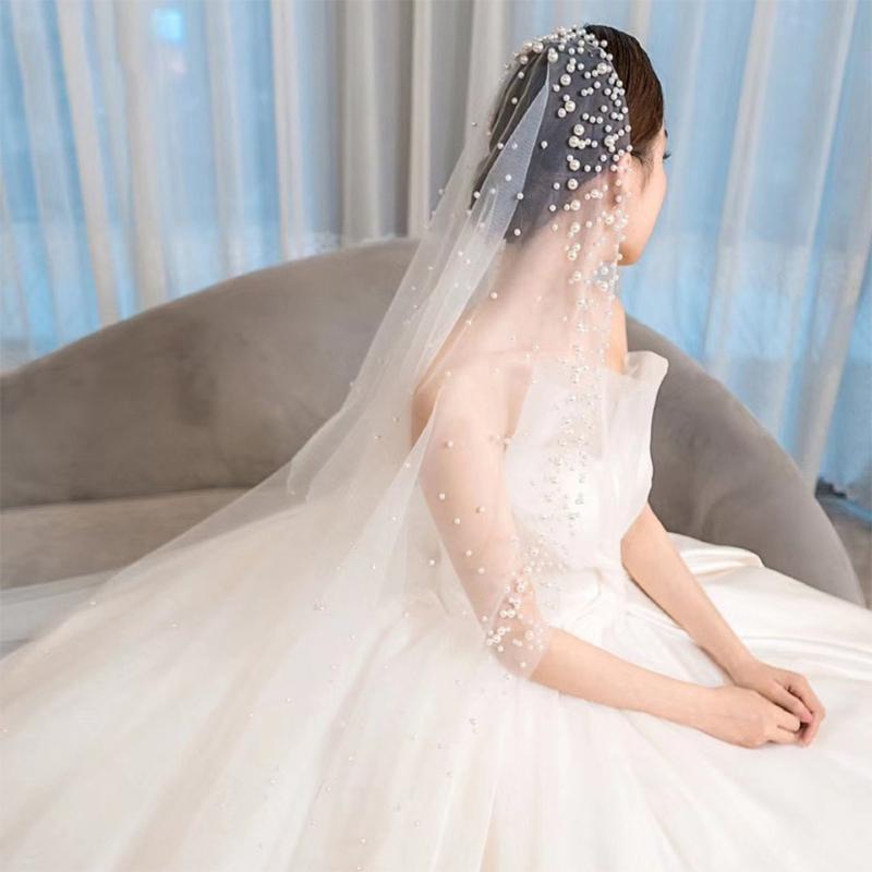 Wedding Bridal Veil Cut Edge Hair Accessories for Bride Single Layer Sheer Tulle 118" Pearls Embellished Chapel Veils