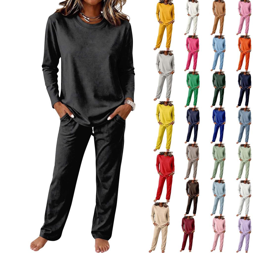 Women's Round Neck Long Sleeve Pajama Set with Drawstring Wide Leg Pants for Sleepwear Loungewear