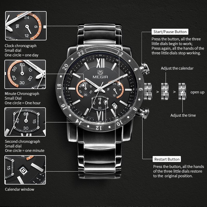 Megir Original Quarz Männer Uhr Edelstahl Business Handgelenk Uhren Uhr Männer Große Zifferblatt Wasserdicht Leucht Relogio Masculino