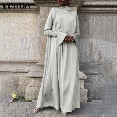 Women Vintage High Neck Lantern Long Sleeve Solid Color Dresses