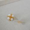 Elegant Four-Leaf Clover Pearl Stud Earrings, Gold-Plated Brass with 925 Silver Needles - Japanese & Korean-Inspired Design.