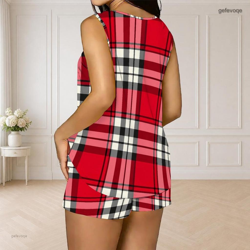 Women Plus Size Red Plaid Printed Sleeveless V Neck Ring Strap Tank Top And Pocket Shorts Two Piece Set