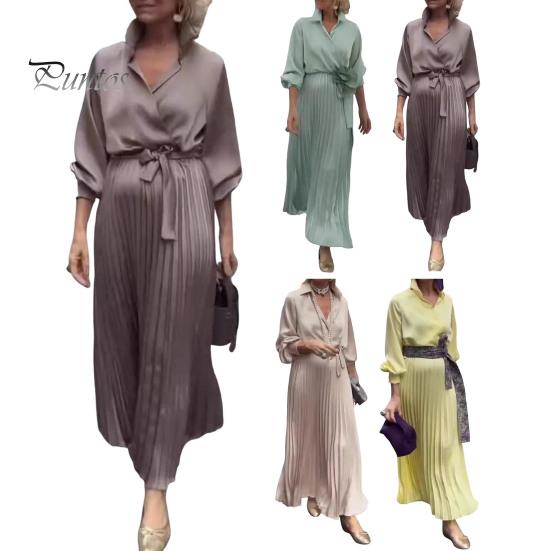 Women Dress Lapel V-Neck Long Sleeve Lace-up High Waist Long Dress Solid Color Pleated Hem Shirt Dress