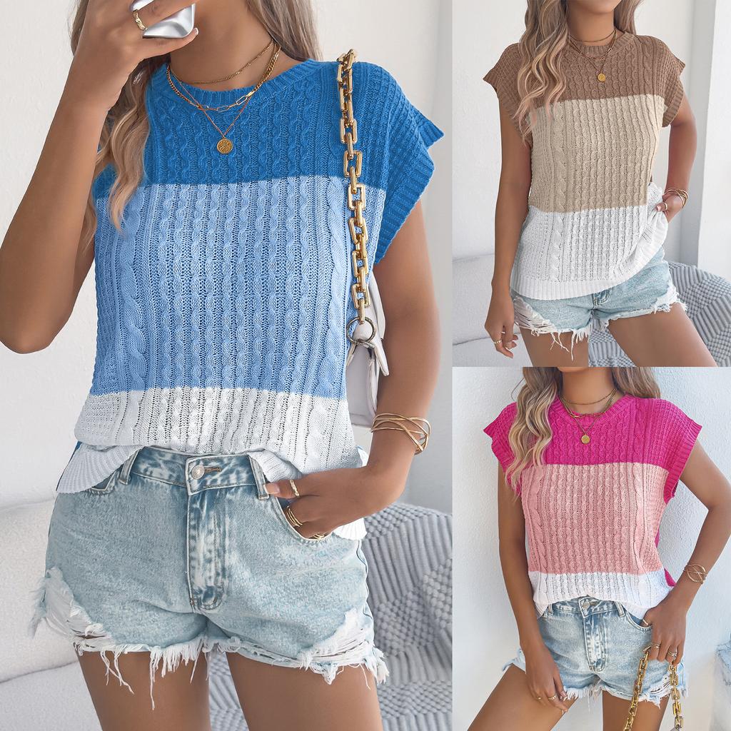 Women Color Block Cable Knit Short Sleeve Knit Top