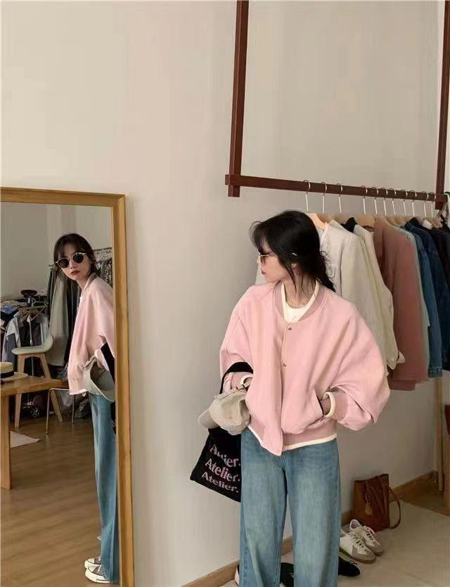 Korean-Style Pink Women's Spring Baseball Jacket - Lightweight, Loose-Fit, Casual, High-End Design