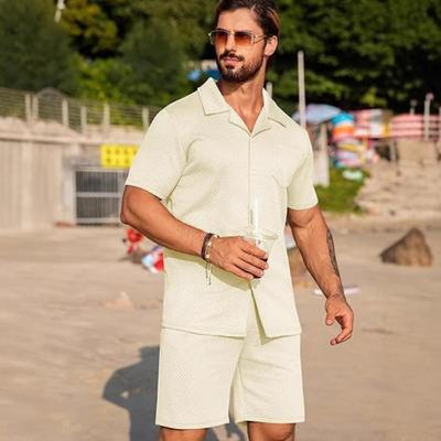 Herren Sommer Casual Textur Strand Kurzarm Strickpullover Schnalle und Shorts Set