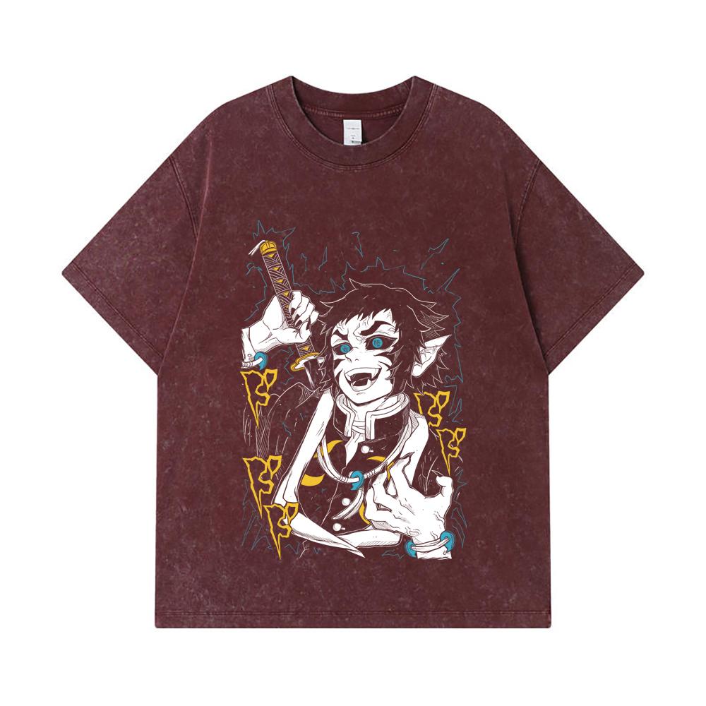 275 GSM Washed T-shirts 100% Cotton Demon Slayer V40 Kaigaku Print Unisex Heavy Cotton T Shirt