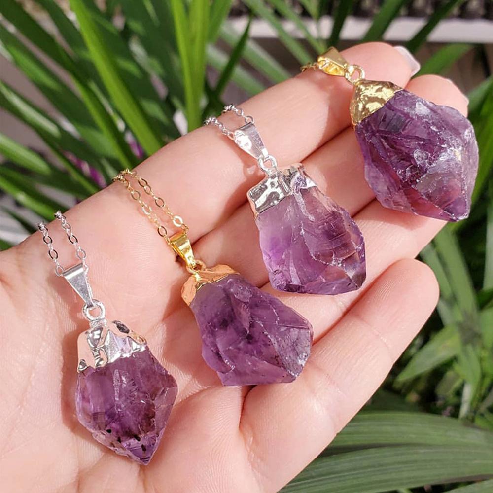 Natürlicher Amethyst Rosenquarz Rohstein Anhänger Unregelmäßig Chakra Heilstein Silberrand Halskette Damen Geburtstagsgeschenk