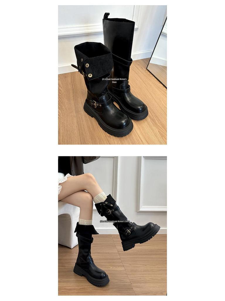 Genuine Leather Cowhide Two-Way Height-Enhancing Boots for Women - Retro High-Tube Long Knight Boots for Autumn and Winter